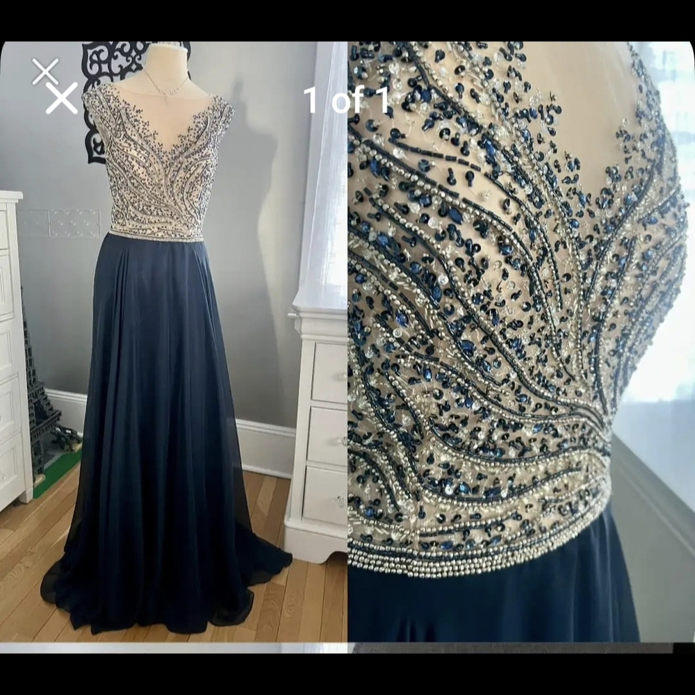 Mon Cheri Navy and Silver Beaded Prom Dress